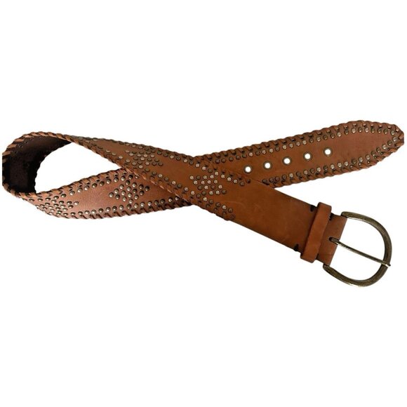 Women Size M Leather WIDE Belt Studded Rivet Leather Braided Boho Brass Buckle main image 4